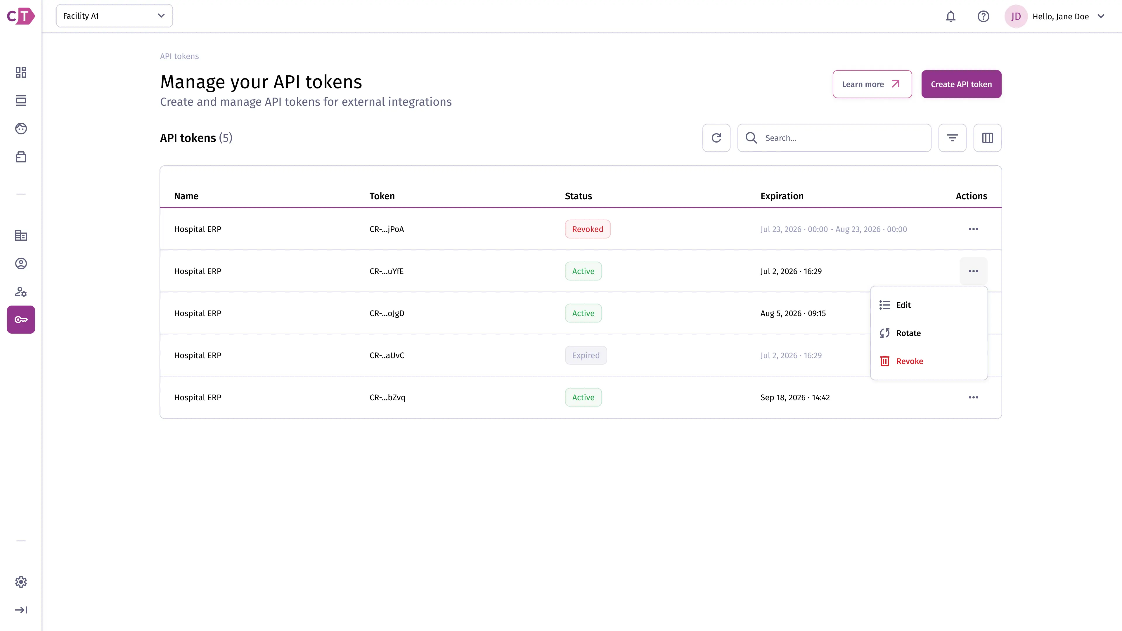 API tokens list