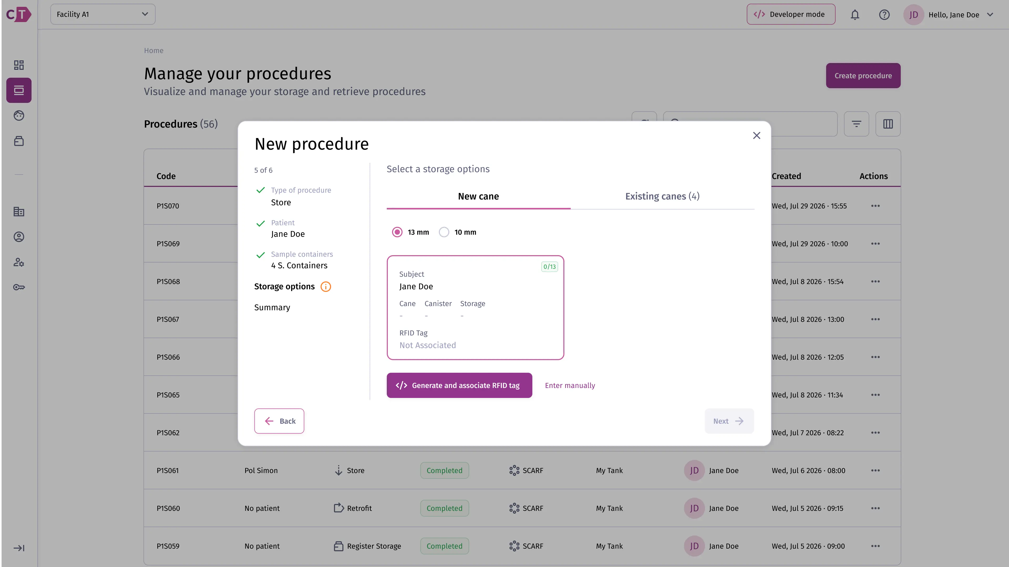 New procedure dialog with Generate RFID tag button in Dev Mode