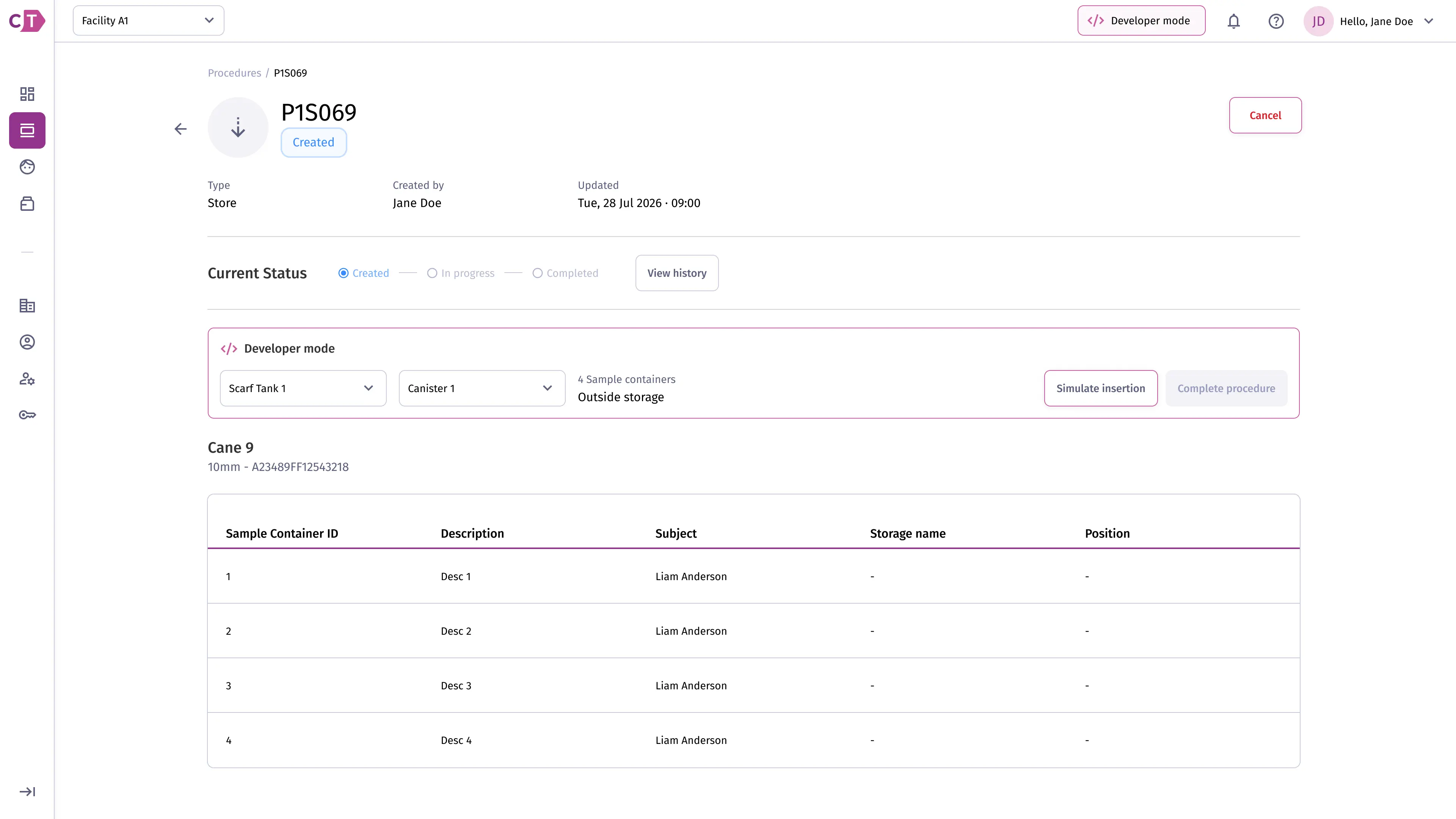 Procedure details with Developer mode simulation controls