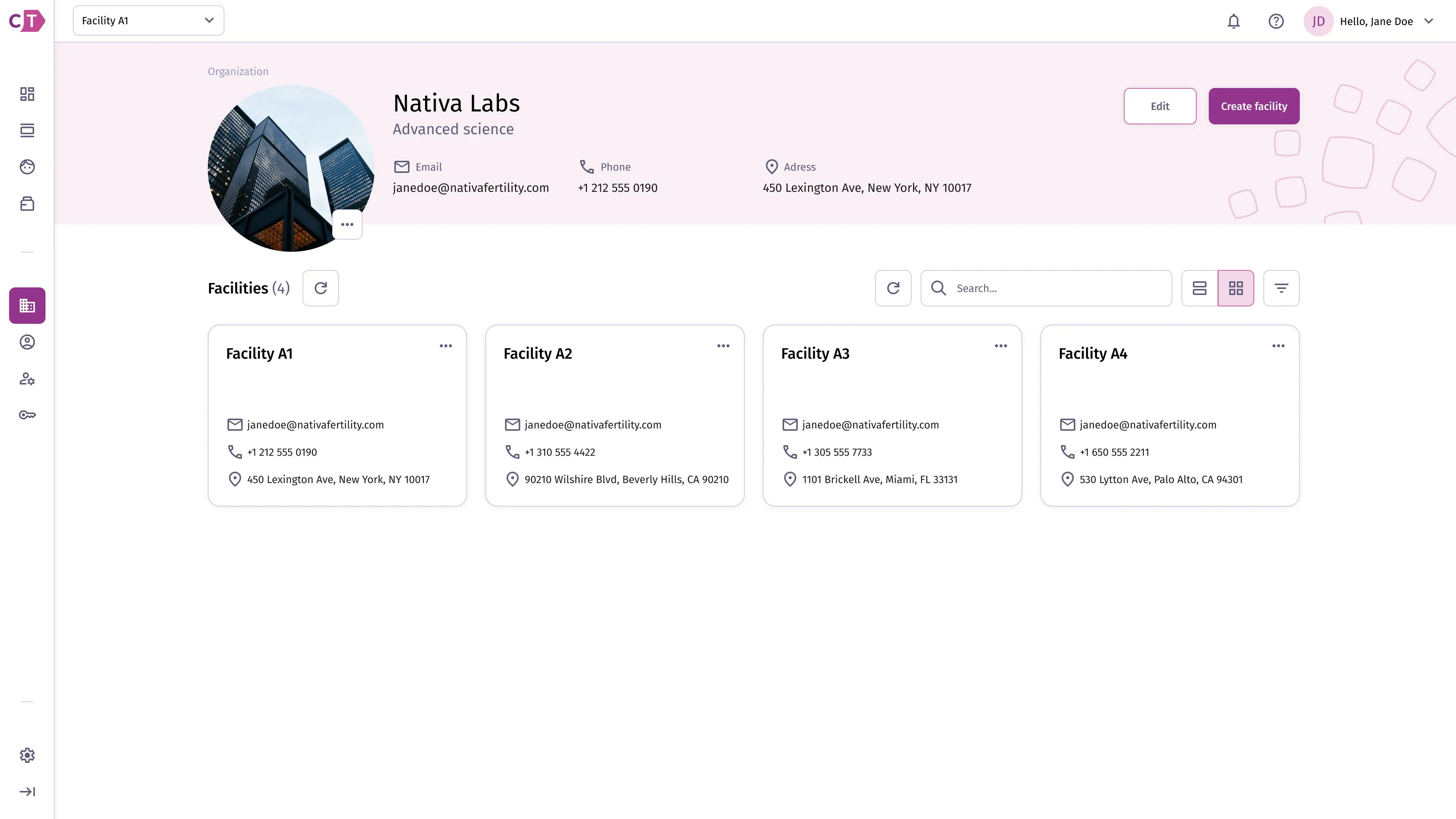 Organization with facilities - grid view