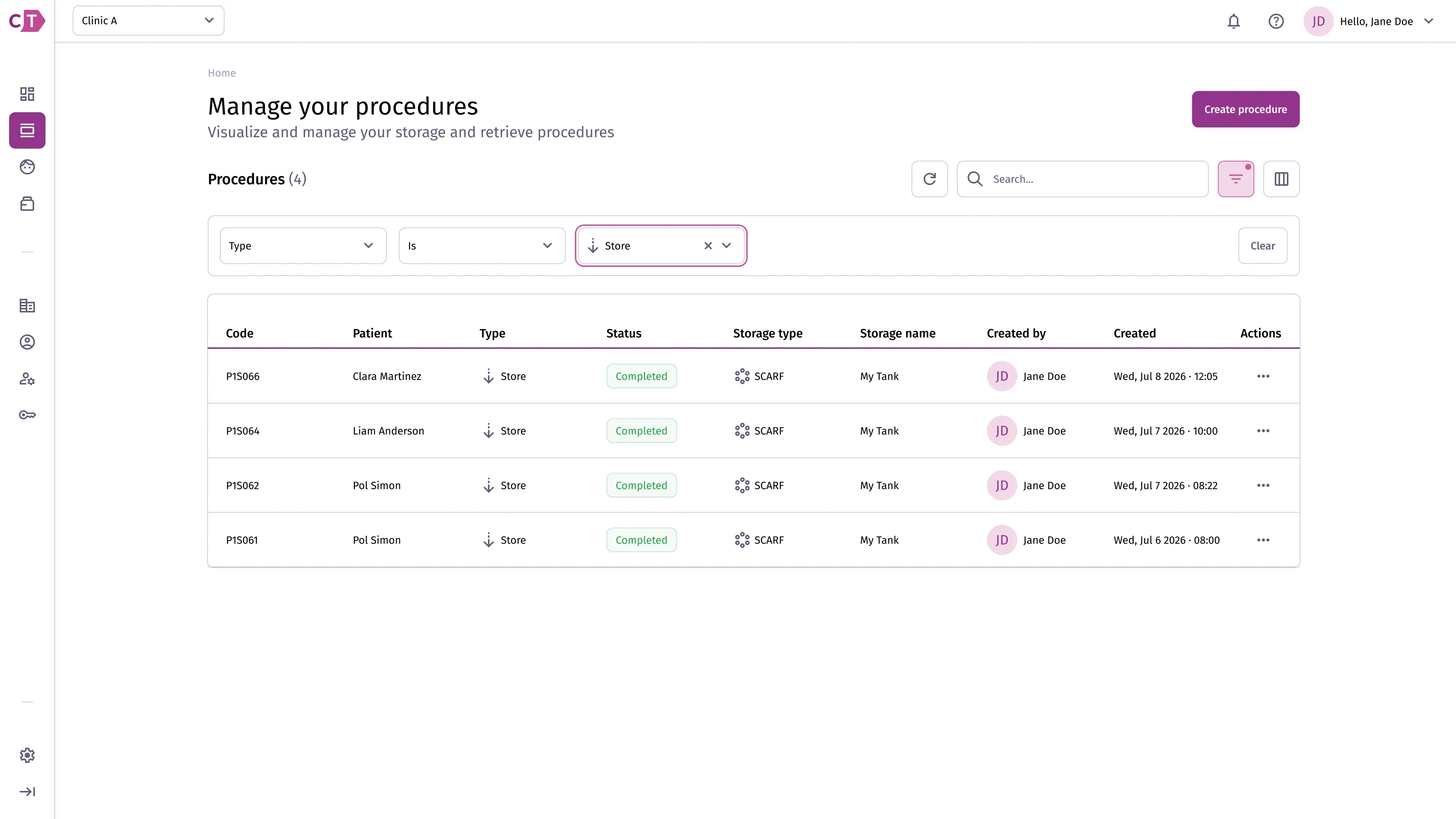 Procedures list with active filter