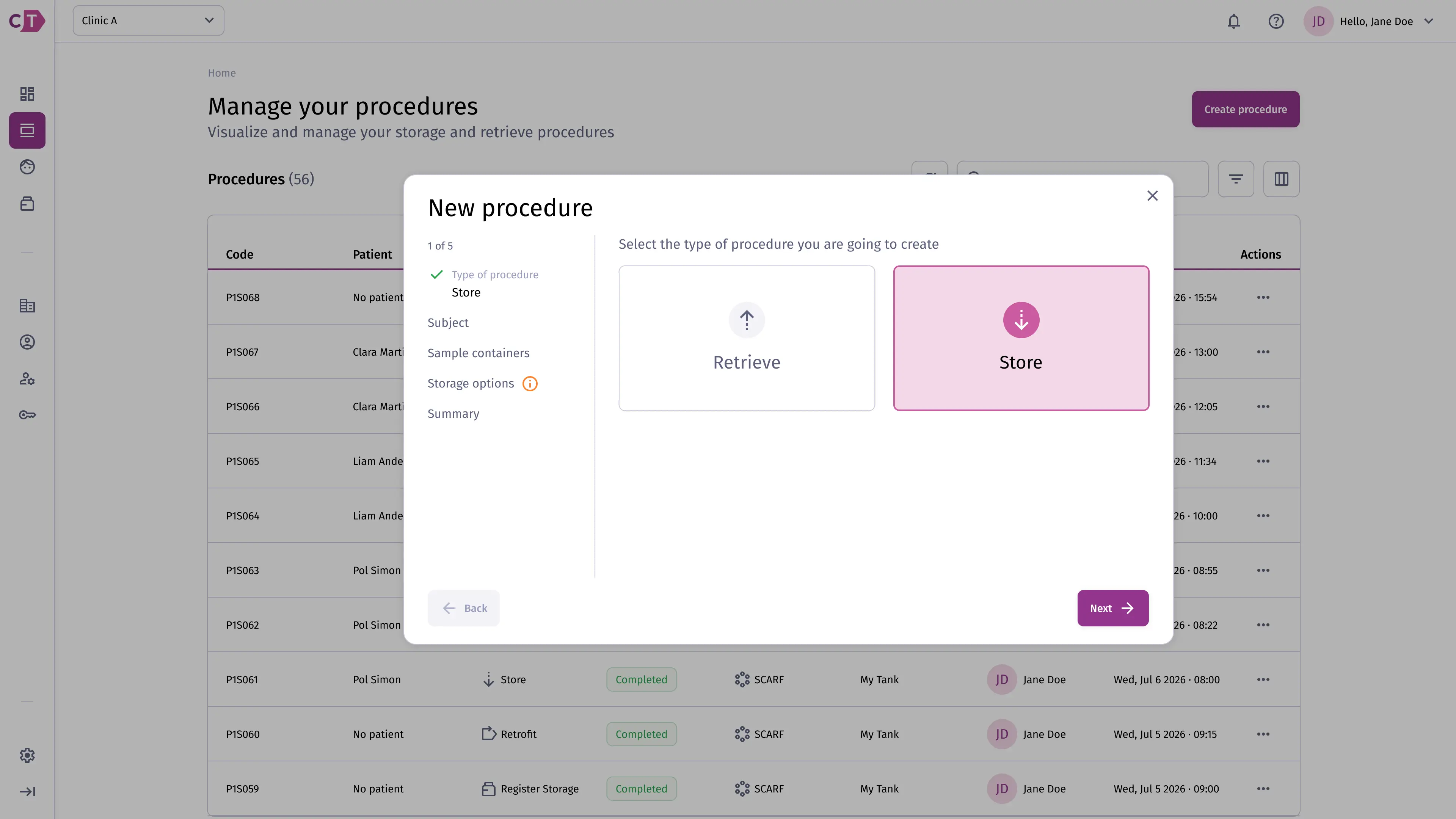 Select procedure type - Store