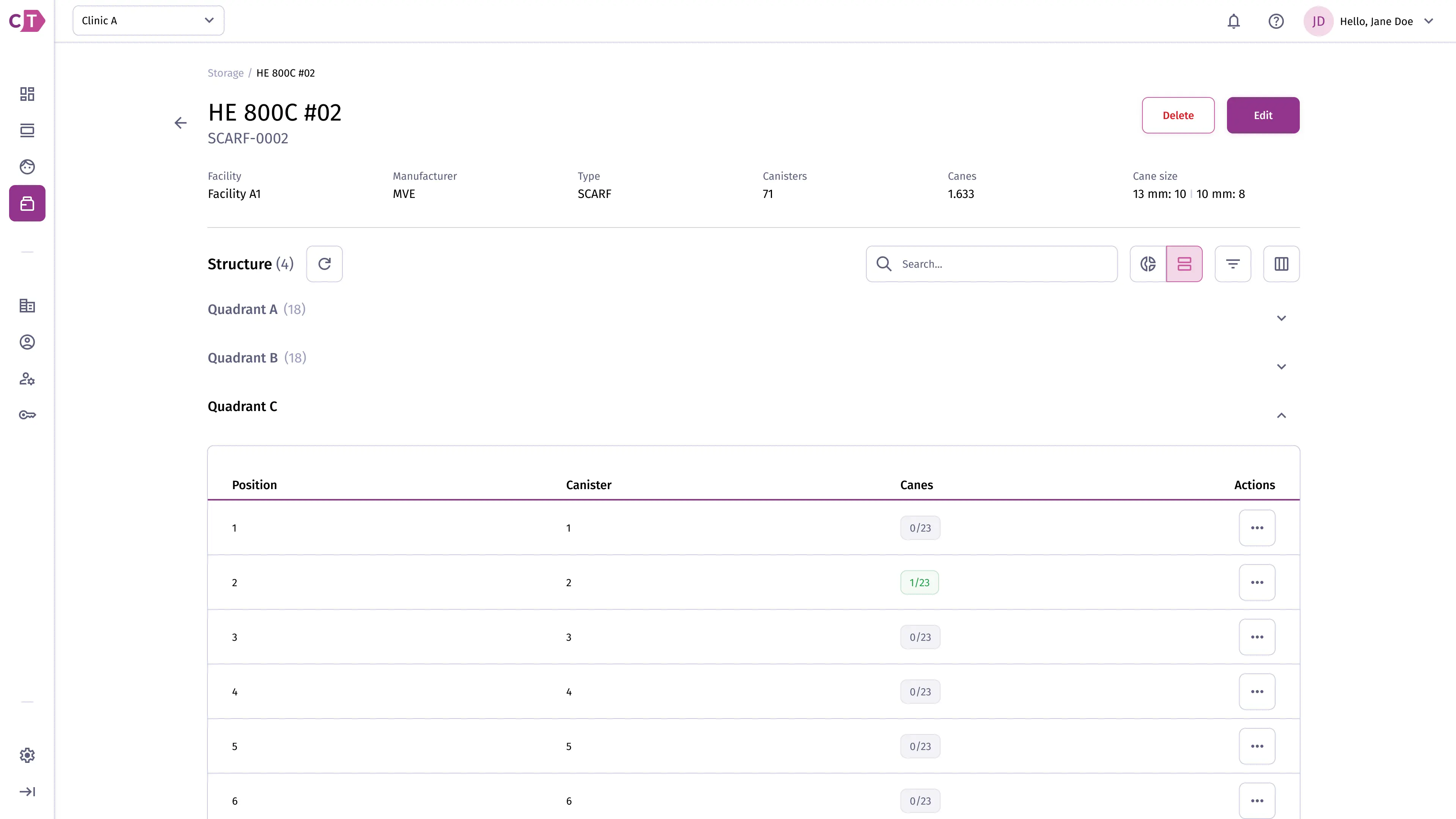 Storage solution details - list view with quadrants
